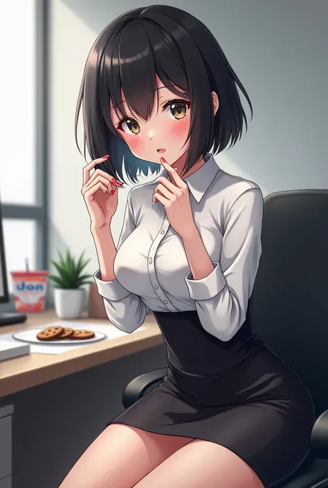 white anime girl with black hair, stylish bobcut and perfect ass works in an office and has normal clothes on. she sits in front of a desk and has some cookies and a yogurt to eat. she received a cum facial on her face. the cum is dripping down from her st...