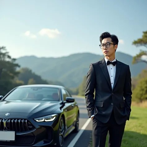 man, young, handsome, Japanese, luxury car, roadside, formal wear, glasses, black hair, neat, standing.