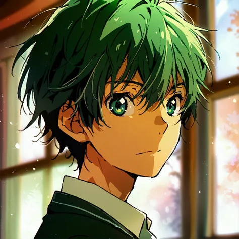  1 boy,  male focus , Houtarou Oreki,Hyouka, solo,  watching viewers, indoor,  upper body,  cinematic angle,  very aesthetic,  illustrations, Front view portrait,   exquisite details,Green Hair