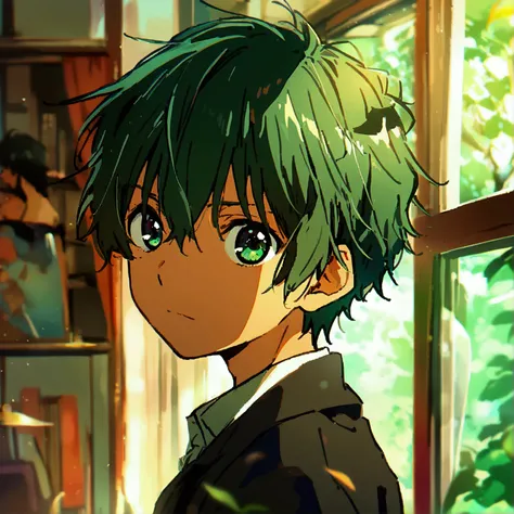  1 boy,  male focus , Houtarou Oreki,Hyouka, solo,  watching viewers, indoor,  upper body,  cinematic angle,  very aesthetic,  illustrations, Front view portrait,   exquisite details,Green Hair