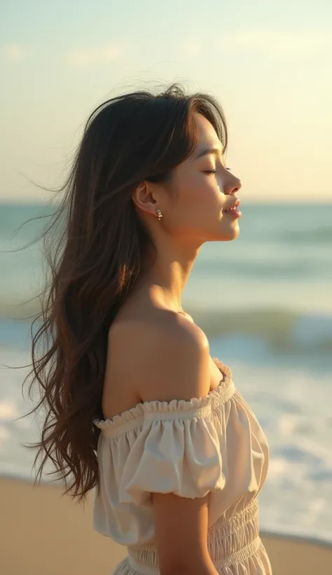 Camila with a small smile closed her eyes with her eyes looking at the sea on the blurry beach.
