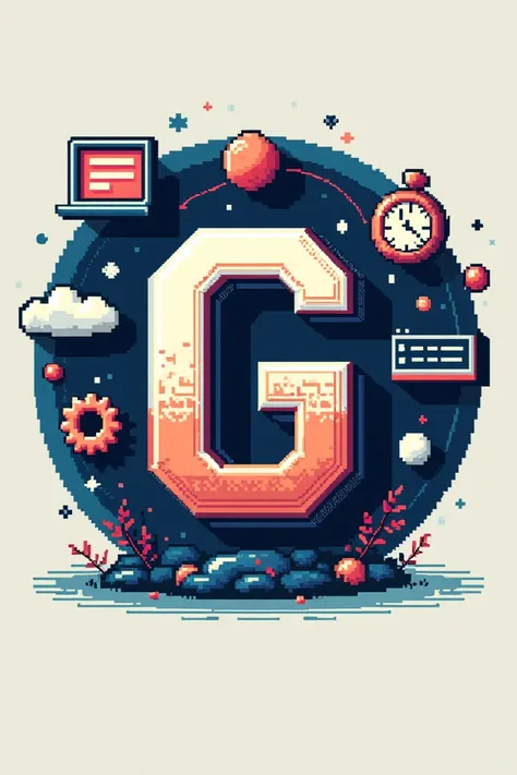 Logo letter G in pixel style and around the letter elements that show that the person works to create a website