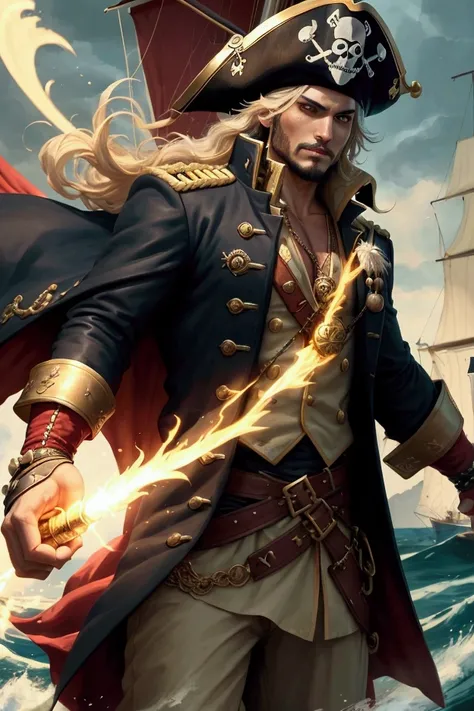 Pirate Captain: A charismatic pirate captain, standing in a confident pose with a lavishly adorned tricorn hat featuring a golden skull emblem and feathers. His crimson coat is embroidered with gold threads, and he wields a finely detailed golden cutlass. ...