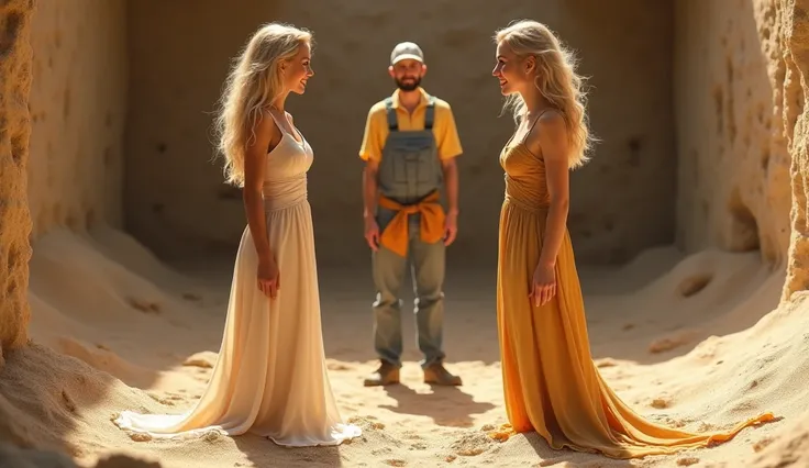 Imagine two beautifully dressed blond haired women smiling at a builder from the United States working near a lot of sand in an empty old room..