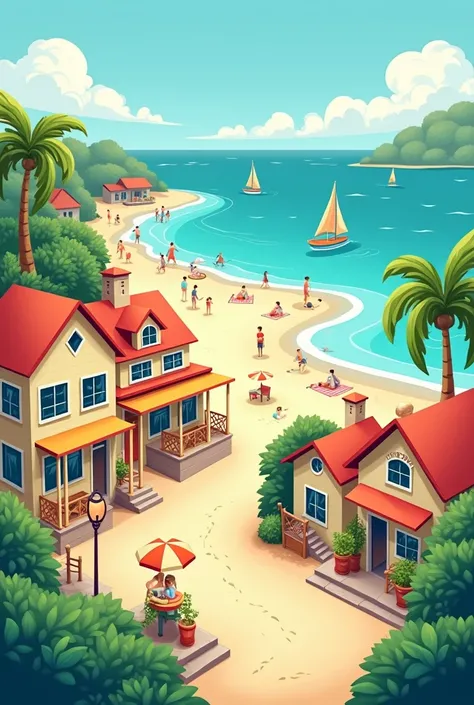 a clipart with an beach village as seen from further away