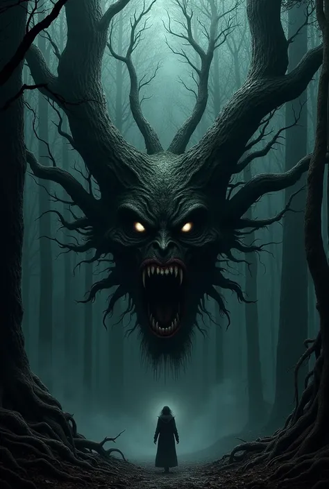 sinister dark forest forming a horrible macabre face. 