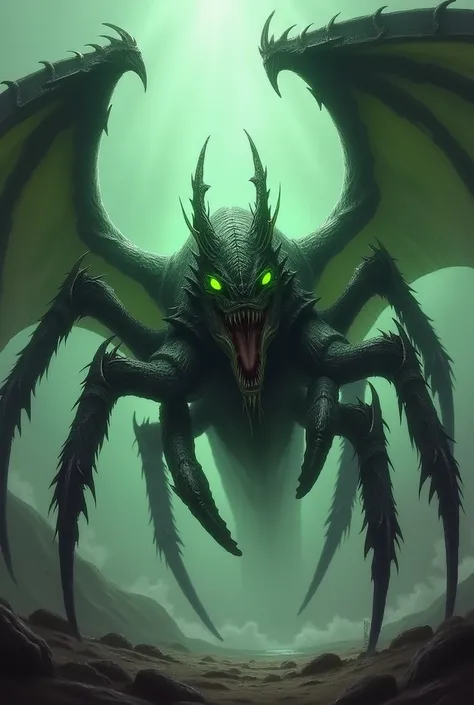 Half wyvern and half spider,  green eyes ,  big wings 