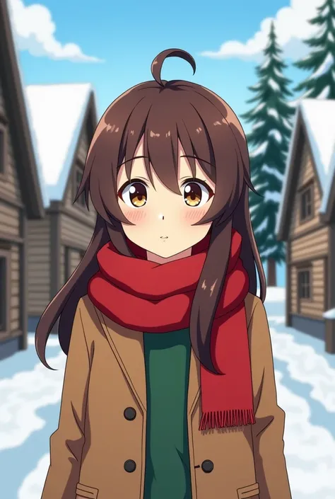  boy boy anime , From test Clara ,  long hair to the shoulders brown wavy, light brown eyes,  with a red scarf green scarf and brown coat , tender look, Happy pretty ,  against the background of wooden houses,  pine tree and snow 