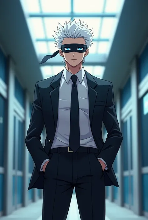 Create anime image of  an overpowered  teacher with powers with white hair blue eyes black blindfold and black clothes make him look cheerful 