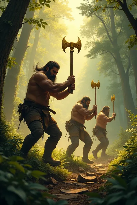 Woodcutters in forest with pure gold axes in their hands