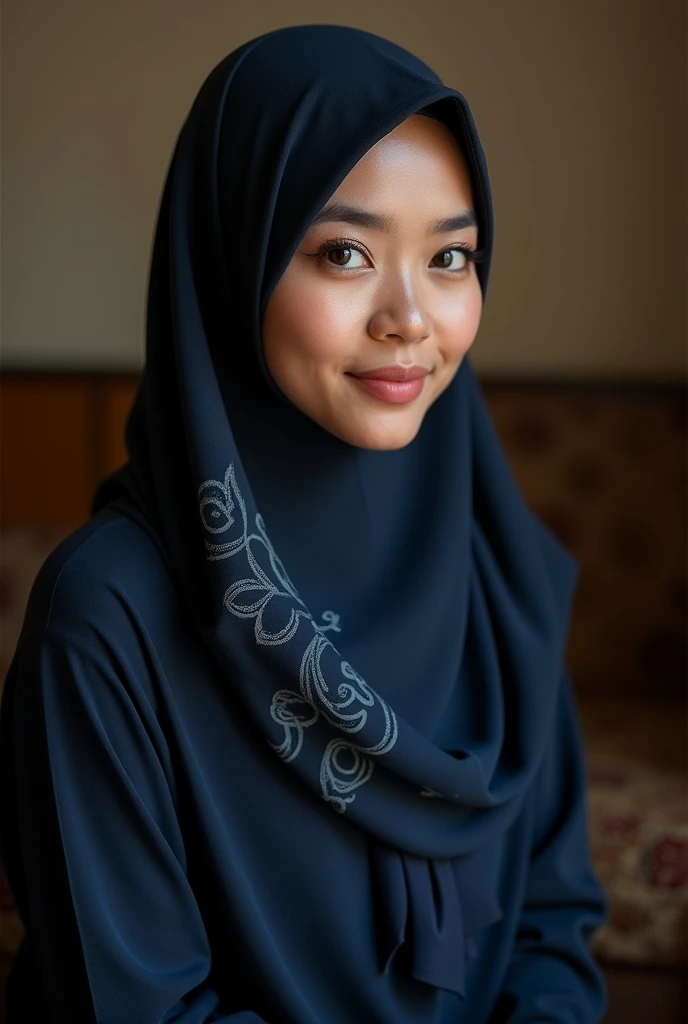 Base prompt:
.
A professional photo of a Malay woman wearing a dark blue hijab. She is sitting in a softly lit room,m. The sunlight casts gentle shadows, highlighting her serene expression and the intricate design on her hijab. The background contains warm...