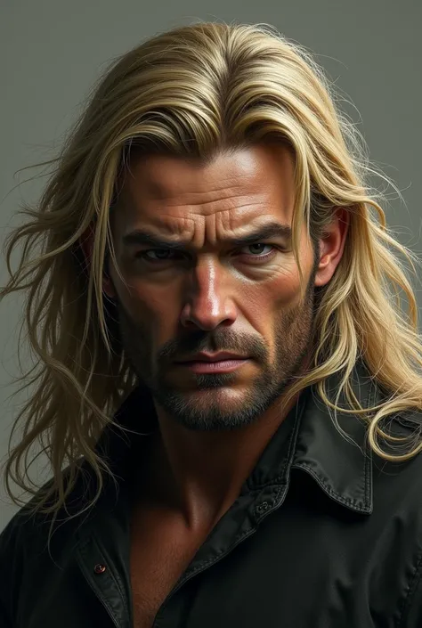 dark blonde dude with long hair and a masculine face