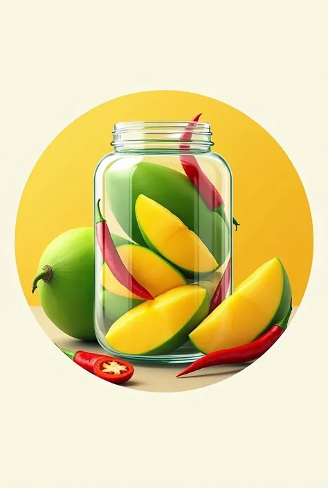 slice unripe manggo in a jar with water and cut chilis. make it look more like a logo in a shape of circle and add the name (manggang maurag)