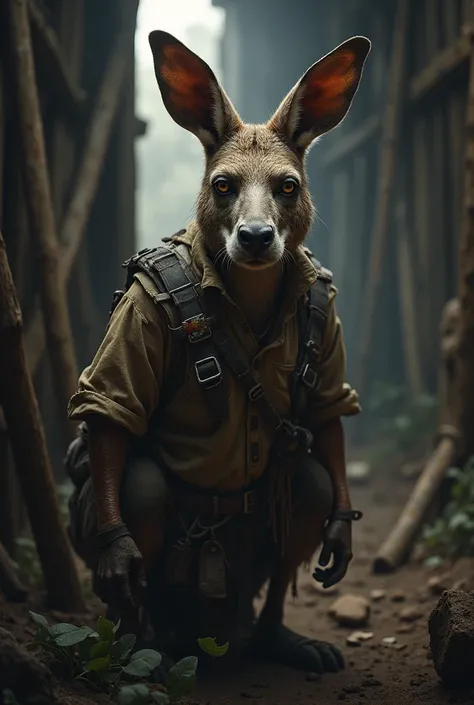 " A kangaroo in a post-apocalyptic setting ,  with a tired appearance marked by battle . He has visible injuries ,  with bandages covering parts of the face and body .  His clothes are ragged and dirty ,  reflecting survival in a difficult environment . Th...