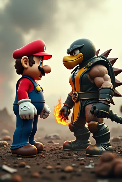 
"Image of Mario alongside Scorpion from Mortal Kombat on a battlefield"