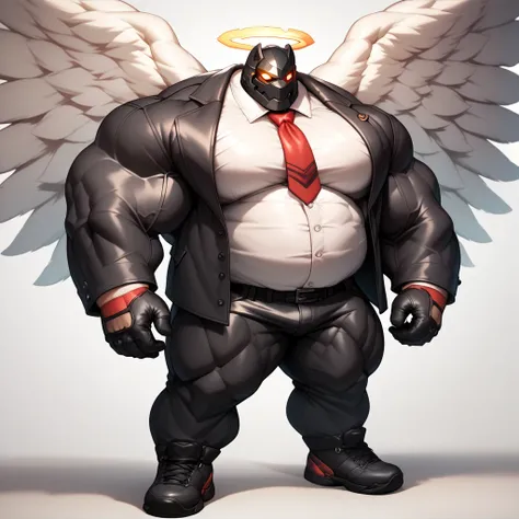 a man with a big giant musclegut tall wide body with big fat belly using black suit jacket, white shirt, red tie, black glove, black pants, and masked that cover all of his face. Full body, standing still, solo, very big, very tall, very wide, very muscula...