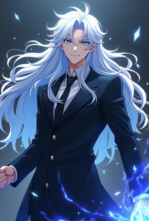 Create anime image of an overpowered  teacher with powers with white hair blue eyes  and black clothes make him have a smile that shows hes strong