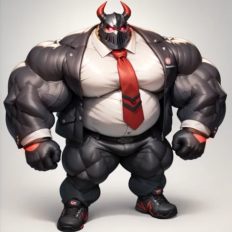 a man with a big giant musclegut tall wide body with big fat belly using black suit jacket, white shirt, red tie, black glove, black pants, and masked which cover all of his face. Full body, standing still, solo, very big, very tall, very wide, very muscul...