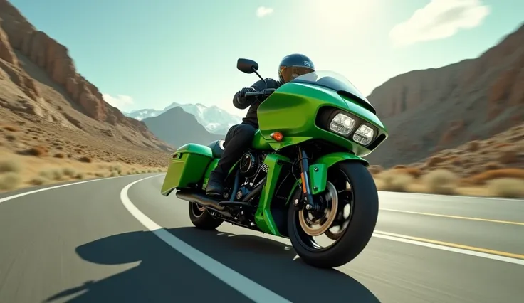 Create highly realistic image of ( 2025 Harley Davidson VR2: ) cornering at high speed.highway white showing power performance and handling agility Green 