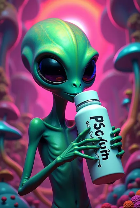  One psychedelic looking alien is holding a modern thermos .  The bottle is cylindrical , white and smooth ,  with the name PSYCHELAB written vertically in a stylized and irregular black font, On the left side.  On the right side of the bottle ,  there is ...