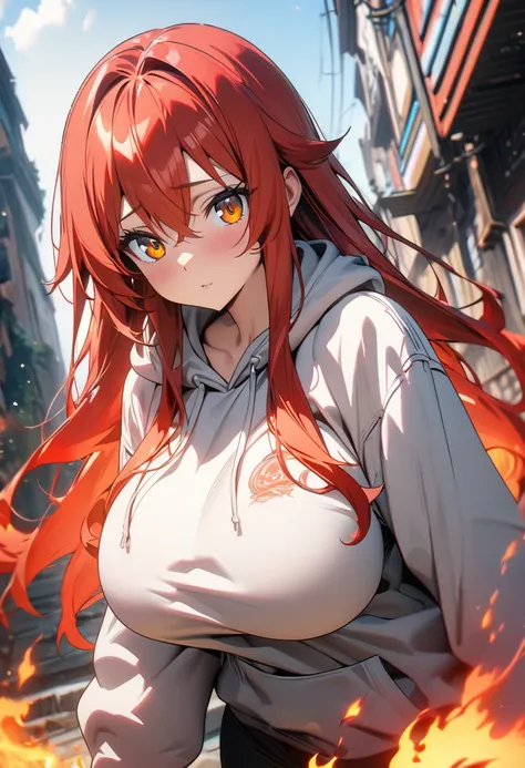 top quality, masterpiece,  high definition , 8k, Anime style girl with hoodie ,  One Girl , Detailed line drawing,  bright white and light amber style, Digital Enhancement,  close, Anime Core, Flowing flame, Big Breasts, red hair and eyes