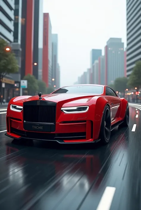  realistic photo ,  futuristic concept car , Rolls Royce motors , muscle car,  red with matte black details, About magnetic road ,  futuristic city  , futuristic design, The brands traditional grill