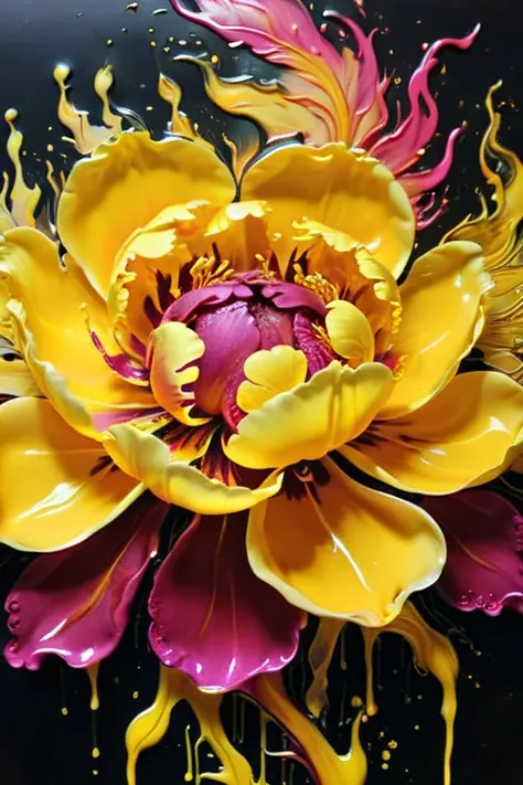 ✨✨✨peony flower burns with fire yellow fluid art 