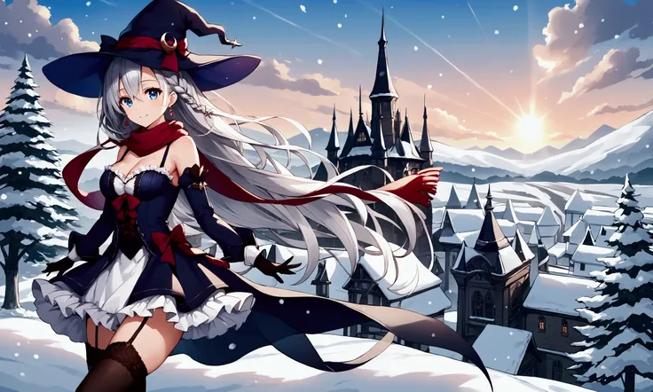 :D, from side, long hair, long sleeves, sky, hair ornament, eyebrows visible through hair, blue eyes, dress, silver hair, ribbon, snowing, hat, bow, hair between eyes, gloves, thighhighs, original, bare shoulders, very long hair, cleavage, outdoors, snow, ...