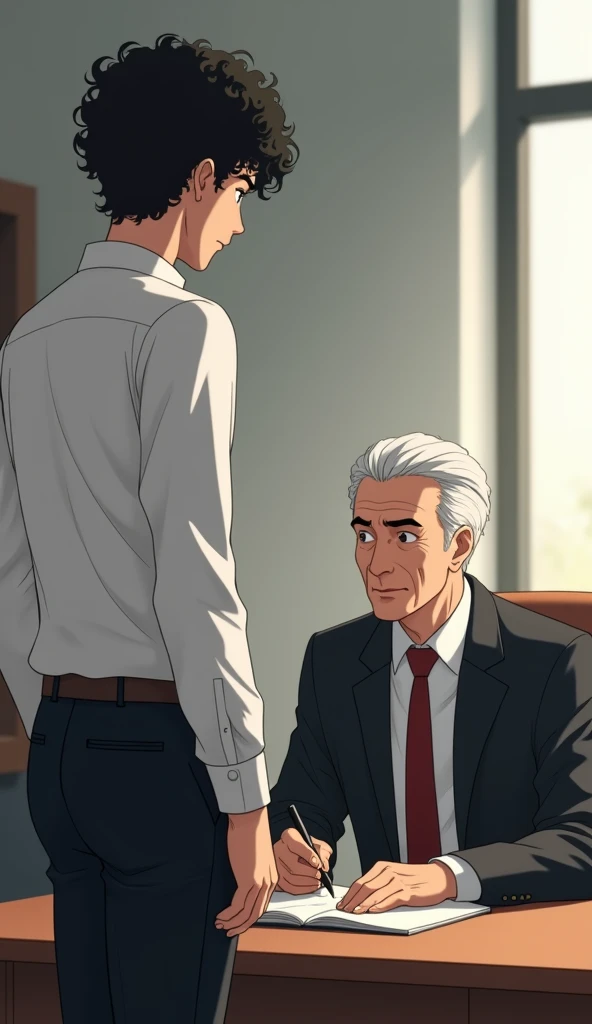 Anime man 25 years old black hair curly white shirt black trousers standing in front of him sitting man wearing office suit sitting while writing on book