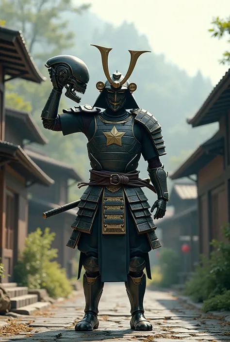 A samurai holding the head of a robot in a Japanese feudal village, 3D photorealistic, 9:16