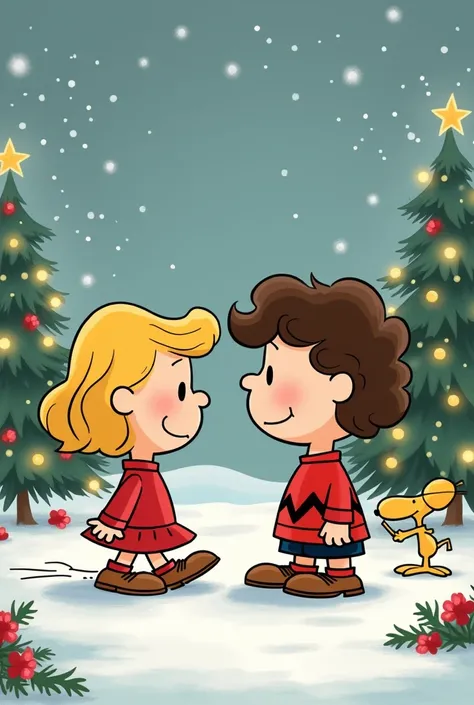 Make a blonde girl and a brown boy with curly hair in the Peanuts cartoon style with Christmas background