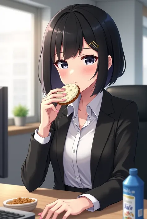 white anime girl with black hair, stylish bobcut and perfect ass works in an office and has normal clothes on. she sits in front of a desk and has a bowl of cereals and a yogurt to eat. she is about to eat a cookie with white cream on it which she is holdi...