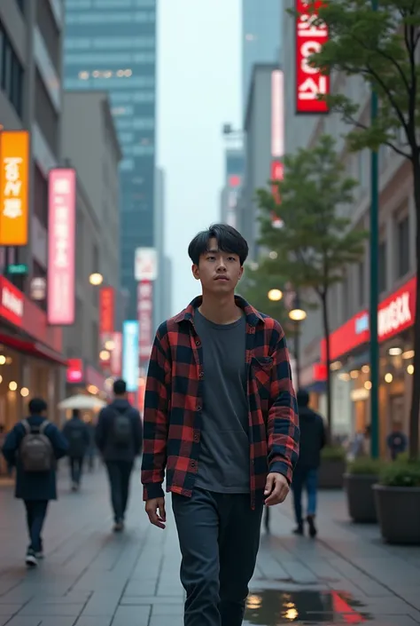 A 23-year-old Korean man wears a flannel while walking in the city