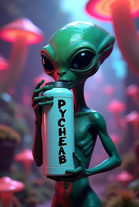  An alien with a psychedelic appearance is holding a cylindrical thermos, white and smooth ,  with the name PSYCHELAB written vertically in a stylized font , Black, with an irregular appearance and a touch of boldness ,  as if it had been hand painted or g...