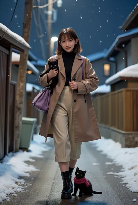 ultra-realistic, photorealistic, dramatic scene, shadow, global-illumination, solo, (20 years old Japanese girl with 1 kitten:1.5), very beautiful with very cute but boyish cool face, (very large breasts), slim waist, (wearing an office workers outfit with...