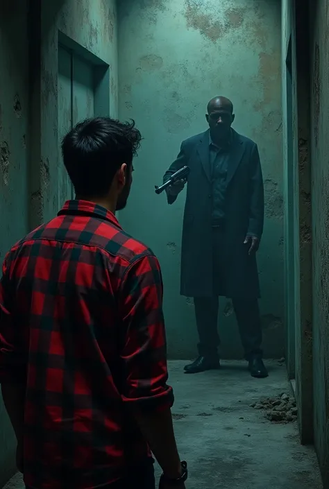 Man in red and black checked shirt with gun looking at a shadow of a mysterious man with gun in dark haunting old building 
Add Title DEAD MANS PRISON.
movie poster.
