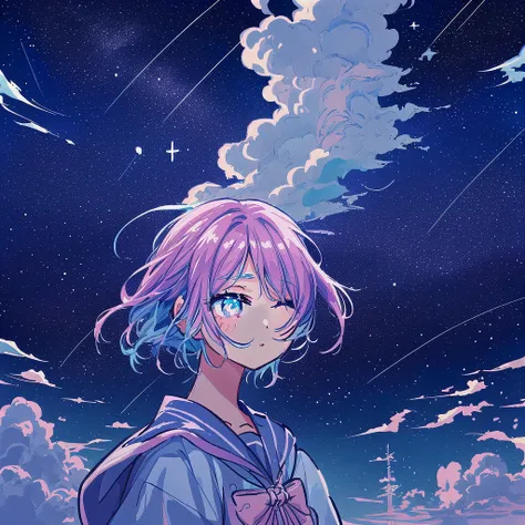 青い髪と青い目と空にstarを持つアニメの女の子,  anime girl with space hair ,  Lofi Girl , Portrait of Rofi,  cute art style , Sky Witch,  lo-fi art style,   anime style portrait  ,  anime atmosphere , Girl Cloud, Soft anime illustrations, like pearls in the sky ,  anime art st...