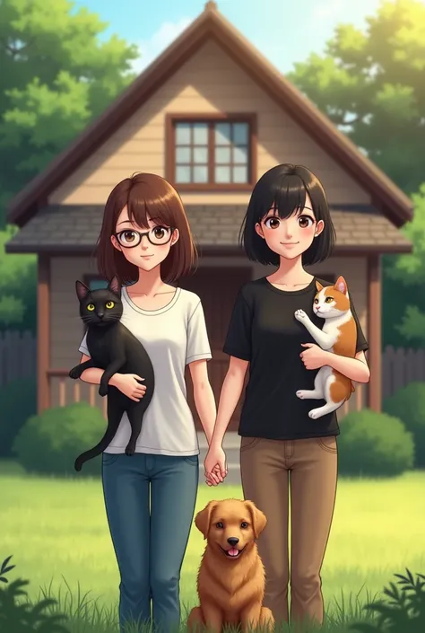 Two Asian women with shoulder-length hair, one brunette, one black, one wearing glasses, two standing holding hands, and one holding a black cat, one holding a tricolor cat, one wearing a white shirt, blue jeans, the second wearing a black shirt, brown pan...