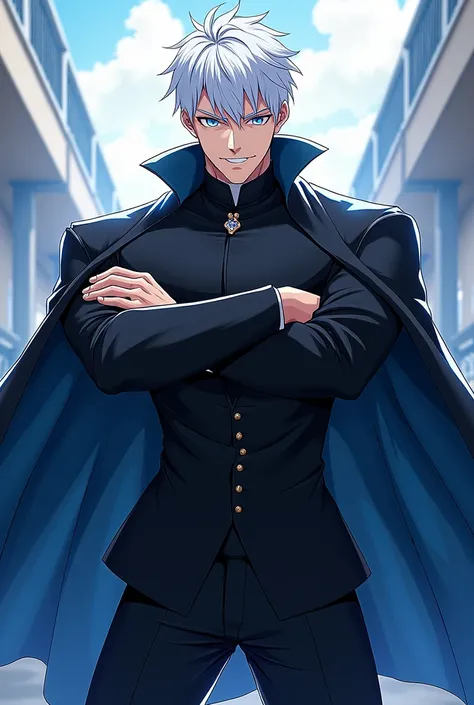 Create anime image of an overpowered male
  teacher with powers with white short hair blue eyes  and black clothes make him have a smile that shows hes strong