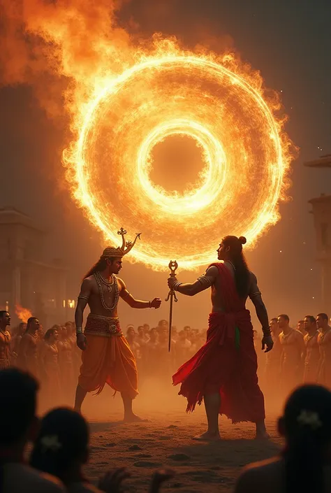 Lord krishna uses sudarshana chakra which looks like a small fire circle weapon to severe the head of shishupal in front of a huge audience from mahabharata, dramatic lighting 