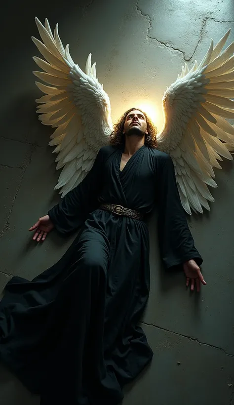 A FALLEN ARCHANGEL ,  WITH HIS LIGHT TURNED OFF, with black robes , lying on the floor 