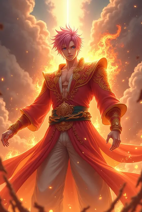 The god of fire is a guy with light pink short hair without a beard in divine clothes who looks like Natsu Dragneel