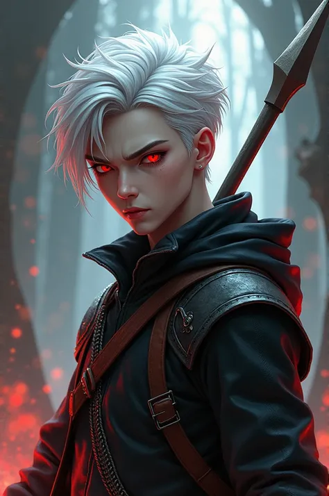 A young man with white hair and red eyes holding a spear behind him looking slightly cocky