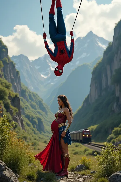 "Spider-Man hanging upside down from a web above a train track in a lush valley surrounded by steep cliffs. In front of him stands a pregnant Wonder Woman, dressed in her iconic red, gold, and blue costume with a flowing skirt adorned with stars. She lovin...