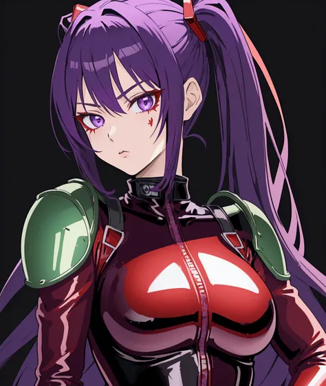 1girl, beautiful anime girl, red and black leather catsuit, dark green shoulderpads, highly skilled cool ace pilot, shoulder-length purple hair, purple eyes, dramatic colors, masterpiece, beautiful detailed eyes, extremely detailed face, longeyelashes, awa...