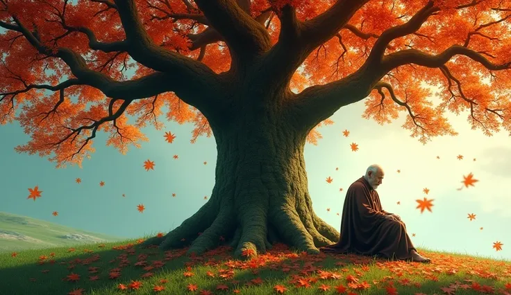 "The old man sits alone beneath the sprawling tree, surrounded by falling leaves that shimmer in vivid hues of gold and red. The background shows the seasons changing: one side is lush and green, the other covered in snow. The hyper-realistic textures emph...