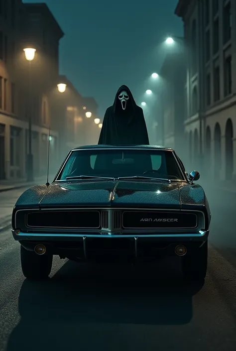 You can create a man in a car on a street wearing a ghost face mask at night inside a black Dodge Charger RT 1970 car posing.