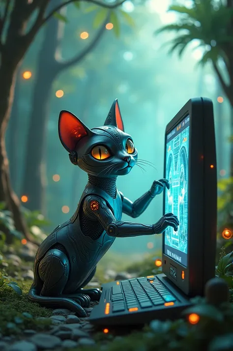 Cybercat playin on keybord in the forest scifi