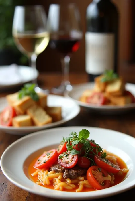 Create a written Italian-style menu using these appetizer recipes for tomato crostini and fine herbs 
A tomato panzanella with pieces of bread, Main course a pizzaiola and a tomato risotto with red onion for dessert a peach panacota and different wines 
