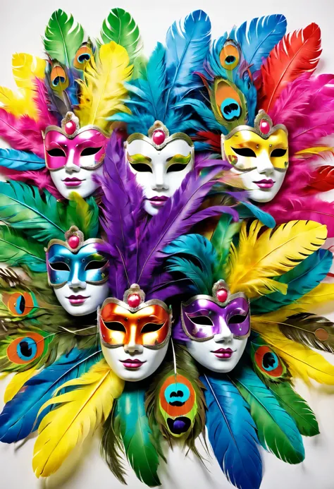  create 7 carnival masks with colorful feathers and feathers, fun and colorful carnival masks .